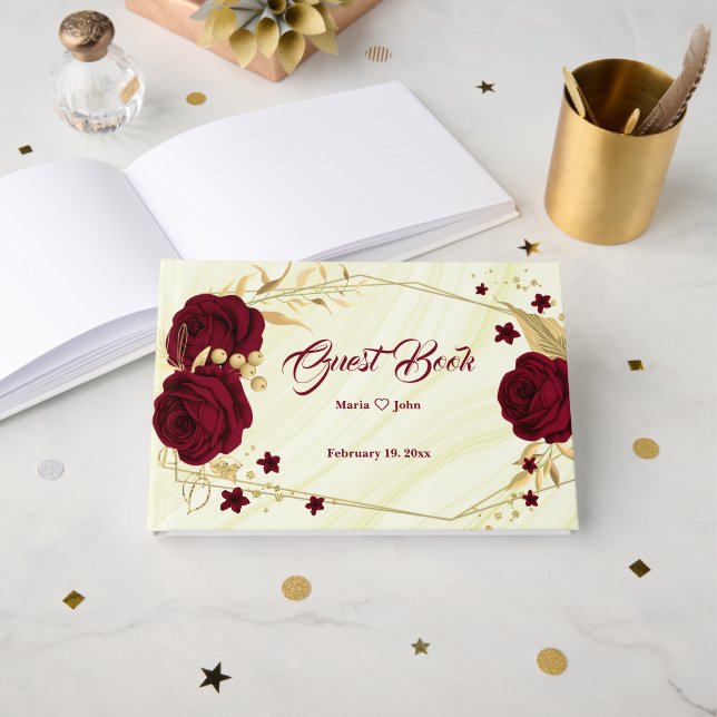 chic burgundy floral gold leaves geometric marble guest book (Front Open)