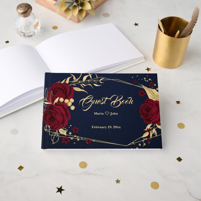 chic burgundy floral gold leaves geometric navy guest book (Front Open)