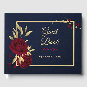 chic burgundy floral gold leaves navy blue guest book