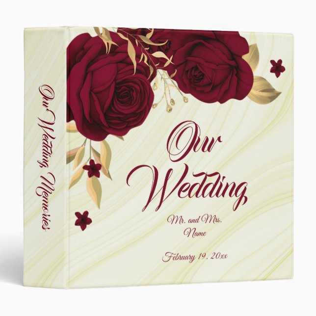 chic burgundy floral gold marble photo album 3 ring binder (Front/Spine)