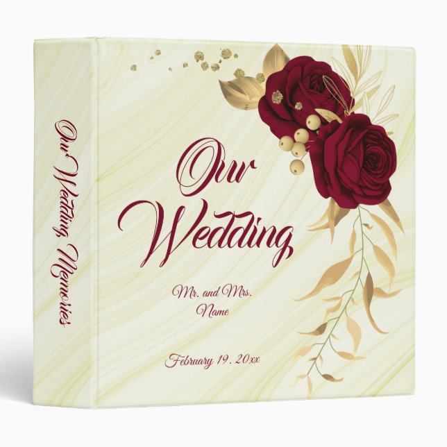 chic burgundy floral gold marble photo album 3 ring binder (Front/Spine)