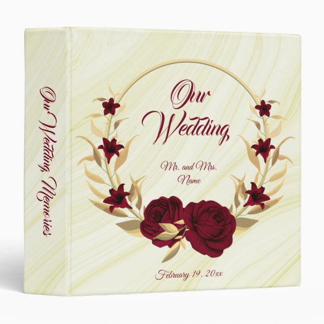 chic burgundy floral gold wreath marble album 3 ring binder (Front/Spine)