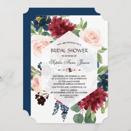 Chic Burgundy Floral Hexagon Frame Bridal Shower Invitation