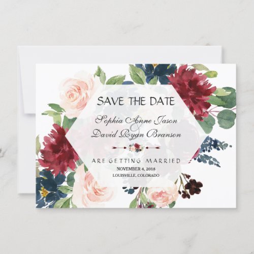 Chic Burgundy Floral Hexagon Frame Save The Date