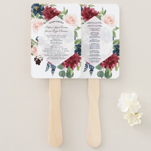 Chic Burgundy Floral Hexagon Frame Wedding Program Hand Fan