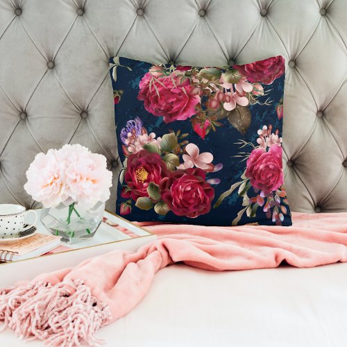 Chic Burgundy Floral On Navy Blue Throw Pillow