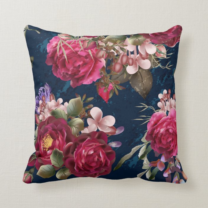 Chic Burgundy Floral On Navy Blue Throw Pillow
