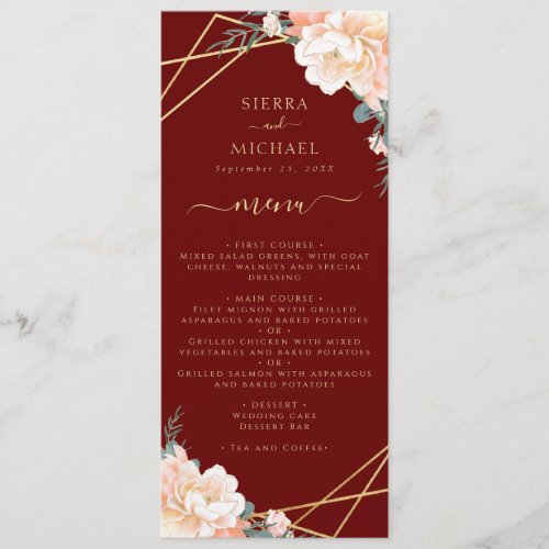 Chic Burgundy Floral Peach Gold Wedding Reception Menu