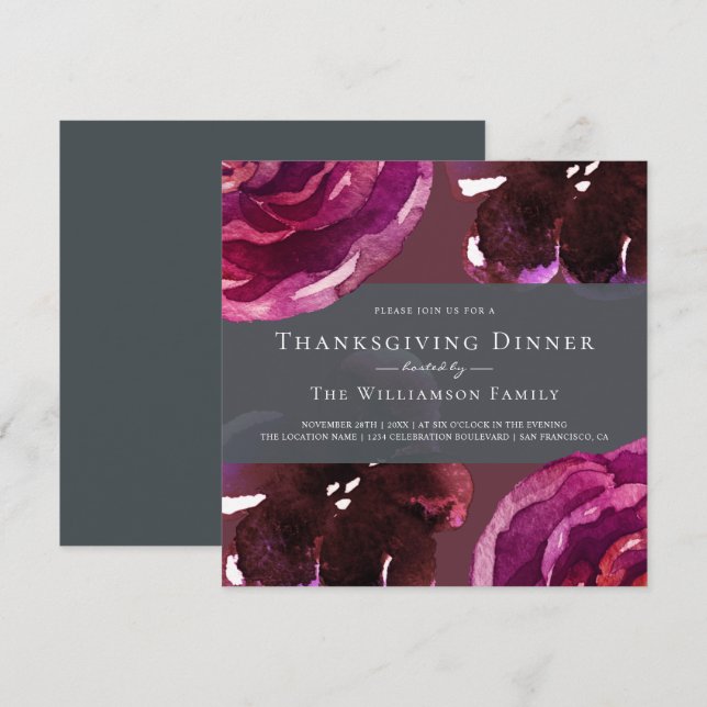 Chic Burgundy Floral Thanksgiving Dinner Invitation (Front/Back)