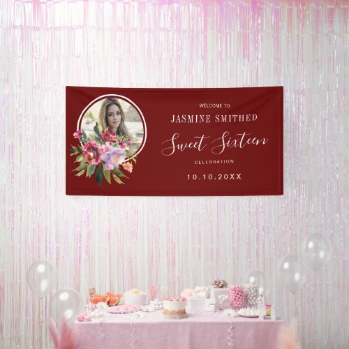 Chic Burgundy Floral Themed Photo Sweet 16 Banner