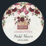 Chic Burgundy Floral Travel Bridal Shower Favors Classic Round Sticker<br><div class="desc">Vintage Map / Travel Floral sticker label featuring burgundy & blush flowers,  chic suitcases and pretty watercolor balloons</div>