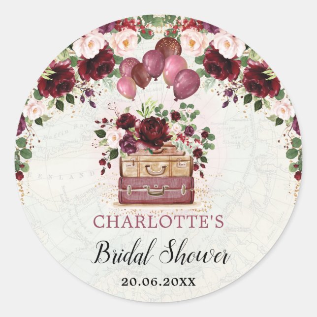 Chic Burgundy Floral Travel Bridal Shower Favors Classic Round Sticker (Front)