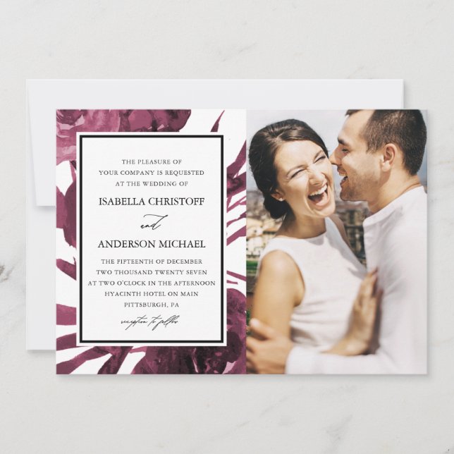 Chic Burgundy Floral Two Photo Wedding Invitation (Front)