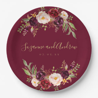 Chic Burgundy Floral Watercolor Wedding Engagement Paper Plates