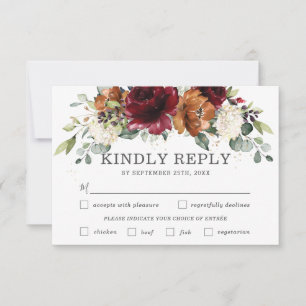Chic Burgundy Floral Wedding Meal Choice RSVP Card
