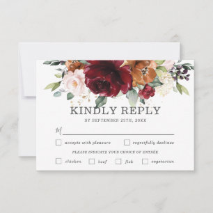 Chic Burgundy Floral Wedding Meal Choice RSVP Card