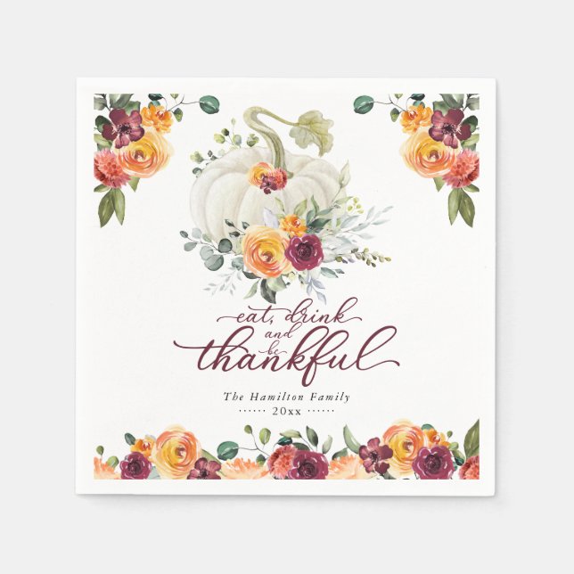 Chic Burgundy Floral White Pumpkin Thanksgiving Napkins (Front)
