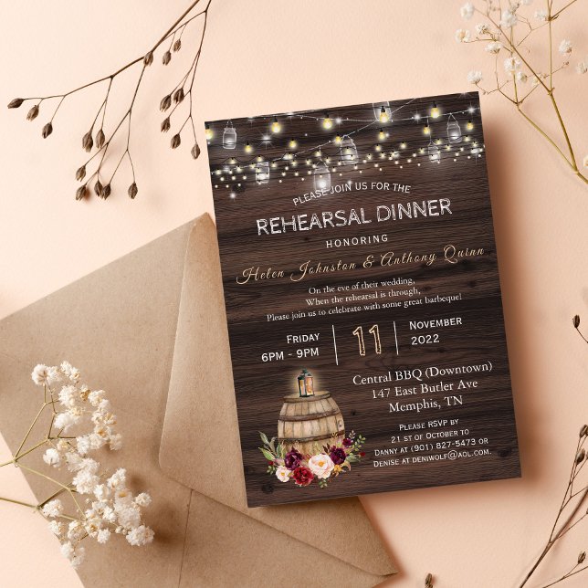 Chic Burgundy Floral Wine Barrel Rehearsal Dinner  Invitation (rustic barrel rehearsal dinner invitation, string lights wood rehearsal wedding invitation)