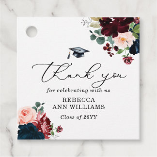 Chic Burgundy Florals Script Thank You Graduation Favor Tags