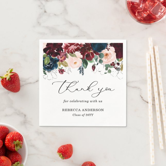 Chic Burgundy Florals Script Thank You Graduation  Napkins (Insitu)