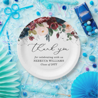Chic Burgundy Florals Script Thank You Graduation  Paper Plates