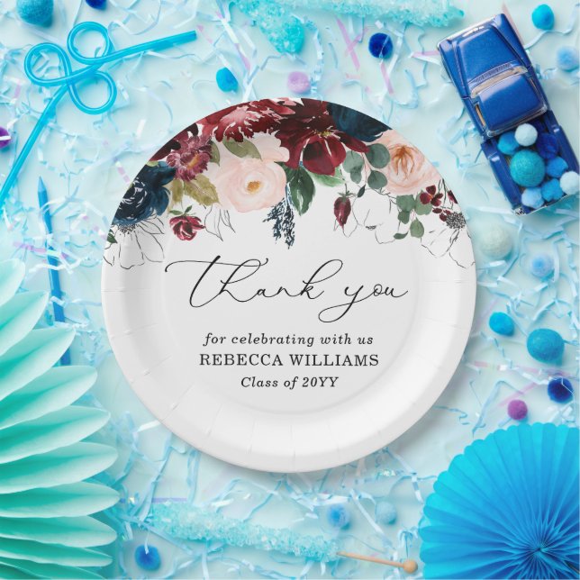Chic Burgundy Florals Script Thank You Graduation  Paper Plates (Party)