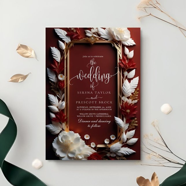 Chic Burgundy Florals with Golden Frame Wedding Invitation (Creator Uploaded)