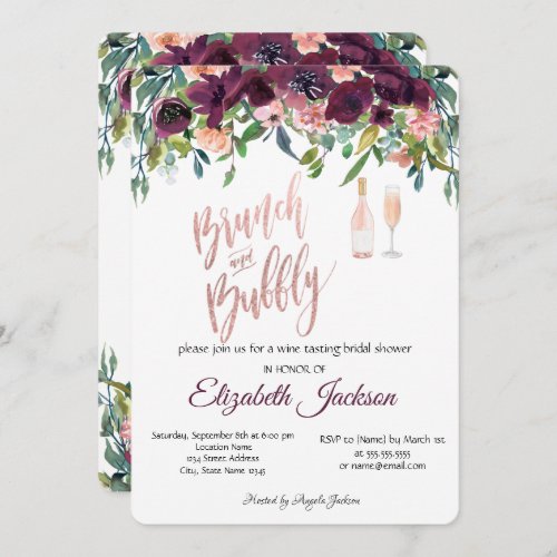 Chic Burgundy Flowers Brunch Bridal Shower  Invitation