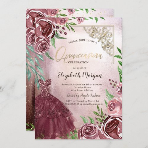 Chic Burgundy Flowers Dress Gold Frame Quinceanera Invitation