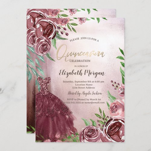 Chic Burgundy Flowers Dress  Quinceanera Invitation