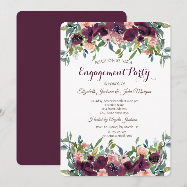Chic Burgundy Flowers Engagement   Invitation (Front/Back)