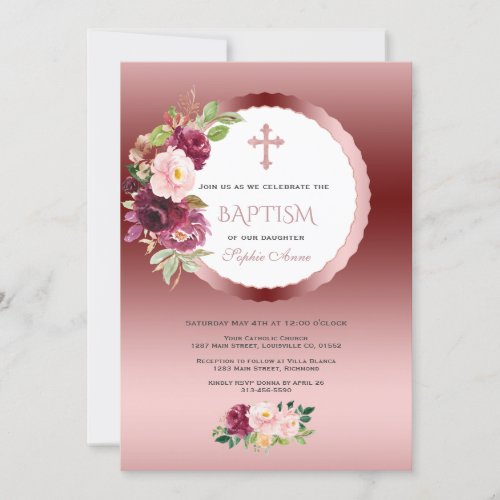 Chic Burgundy Flowers Girl 1st Birthday  Baptism Invitation