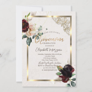 Chic Burgundy Flowers Gold Frame Quinceañera Invitation
