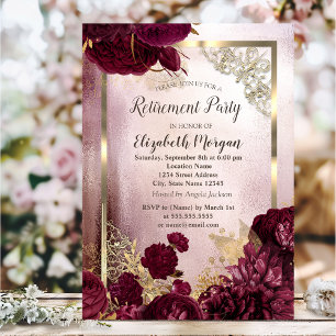 Chic Burgundy Flowers Gold Frame Retirement Invitation