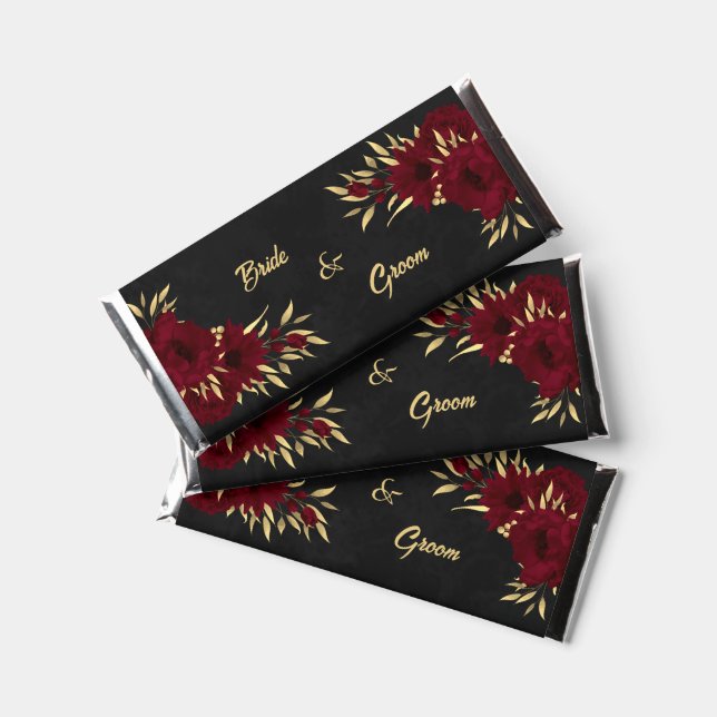 chic burgundy flowers gold leaves botanical hershey bar favors (Front)