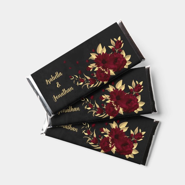 chic burgundy flowers gold leaves botanical hershey bar favors (Front)