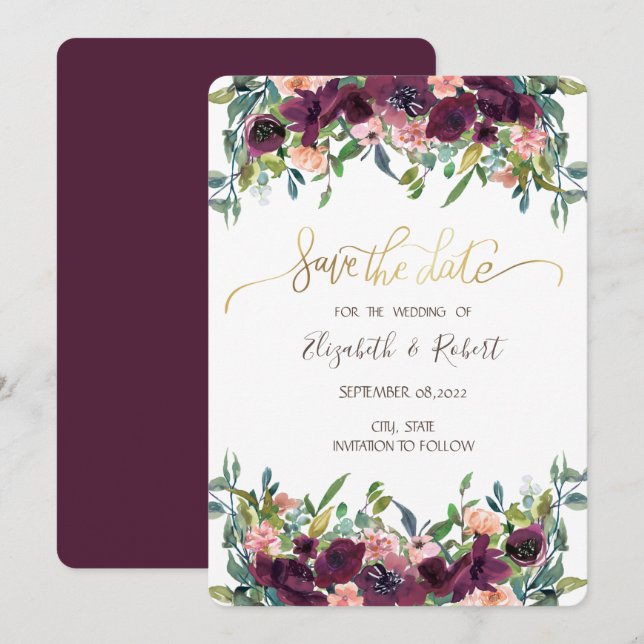 Chic Burgundy Flowers Save The Date (Front/Back)