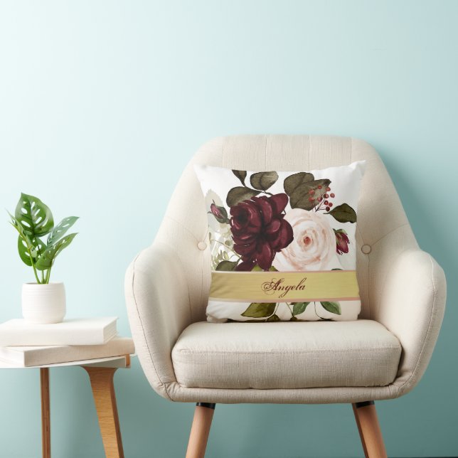 Chic Burgundy Flowers Throw Pillow (Chair)