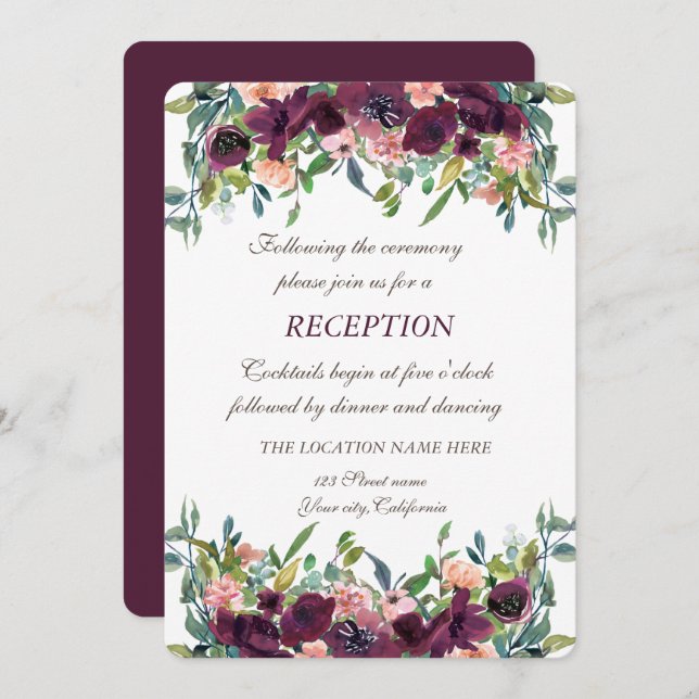 Chic Burgundy Flowers Wedding Reception  Invitation (Front/Back)