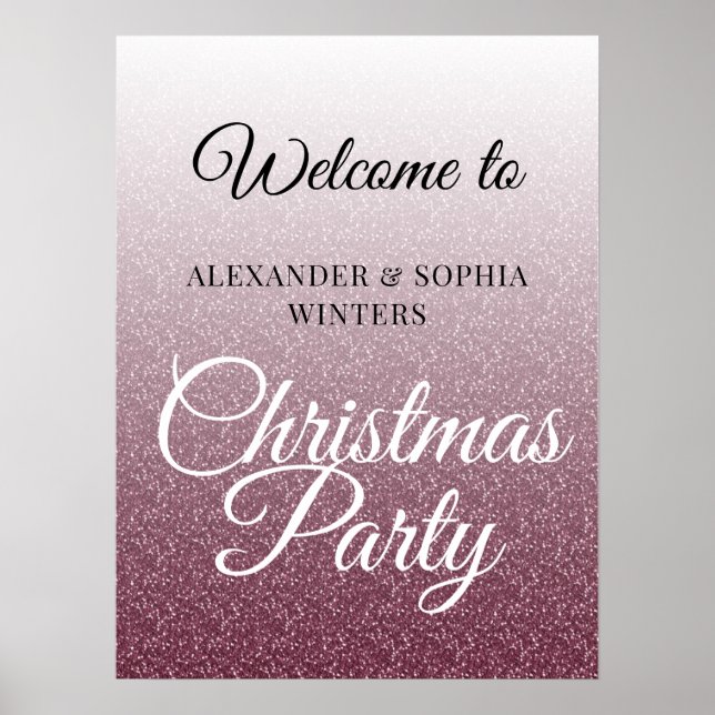 Chic Burgundy Glitter Christmas Party Welcome Poster (Front)