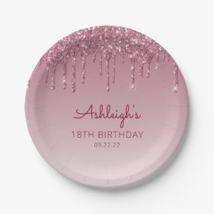 Chic Burgundy Glitter Drip 18th Birthday Party Paper Plates