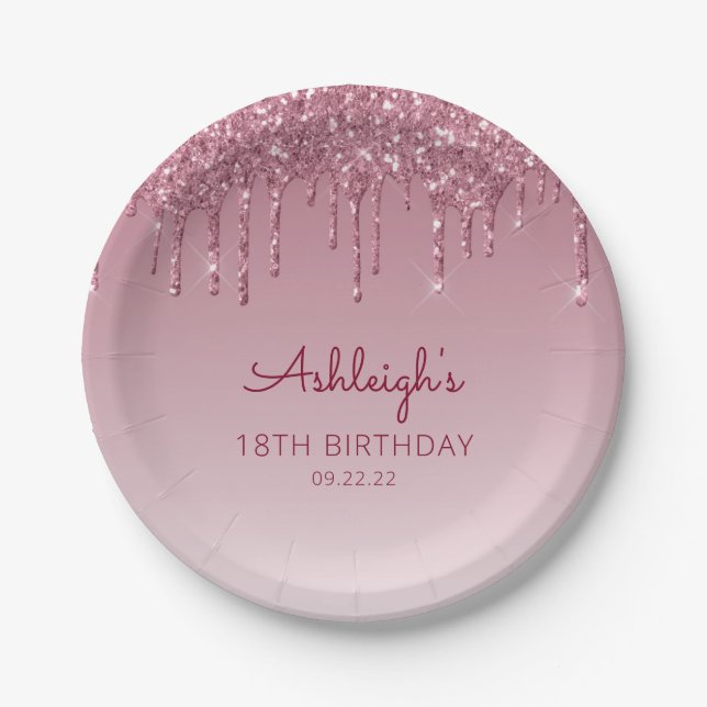 Chic Burgundy Glitter Drip 18th Birthday Party Paper Plates (Front)