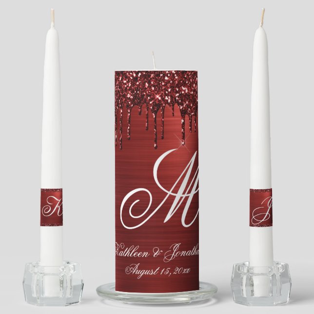 Chic Burgundy Glitter Drips Metallic Name Wedding Unity Candle Set (Front)