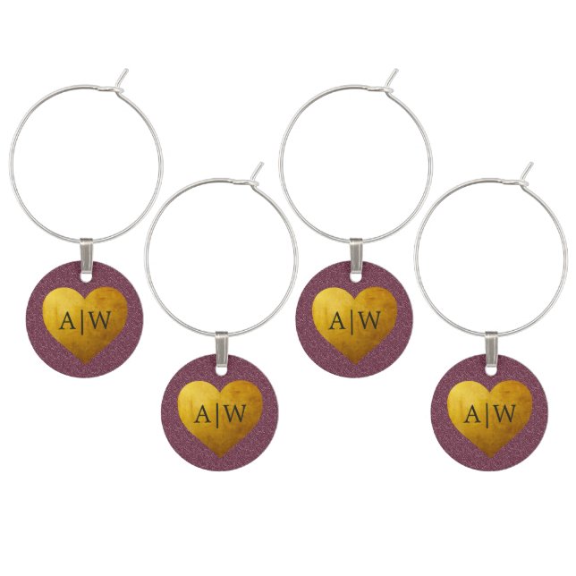 Chic Burgundy Glitter Gold Heart Monogram Wedding Wine Charm (Staggered)