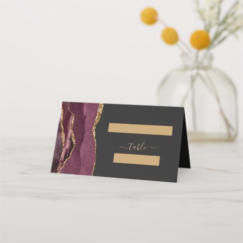 Chic Burgundy Gold Agate Dark Wedding Table Place Card