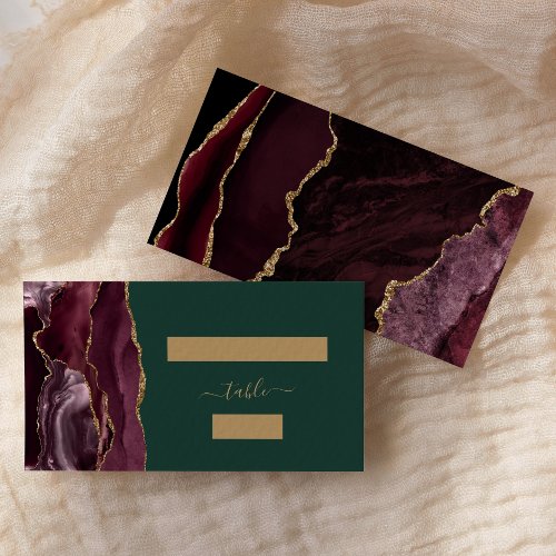 Chic Burgundy Gold Agate Green Wedding Escort Place Card