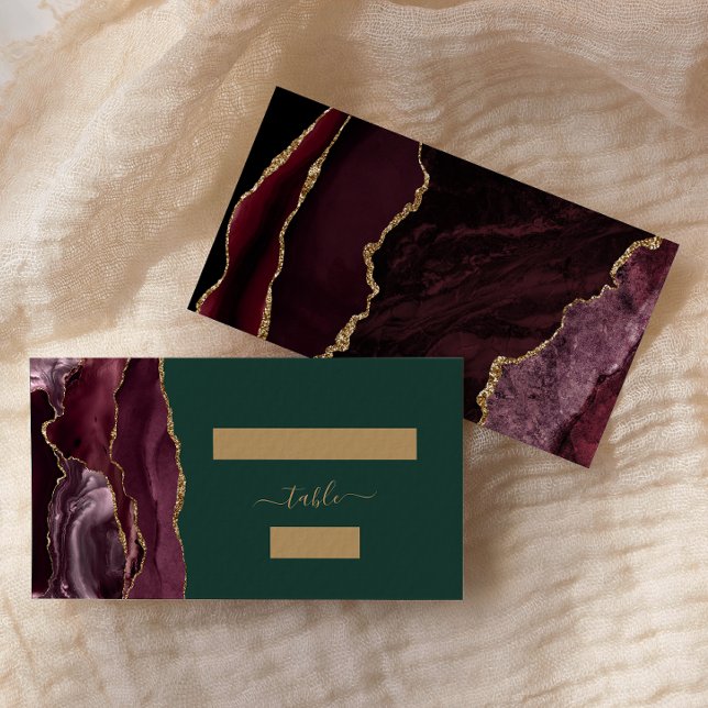 Chic Burgundy Gold Agate Green Wedding Escort Place Card (Creator Uploaded)