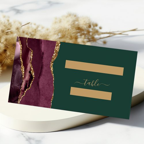 Chic Burgundy Gold Agate Green Wedding Table Place Card