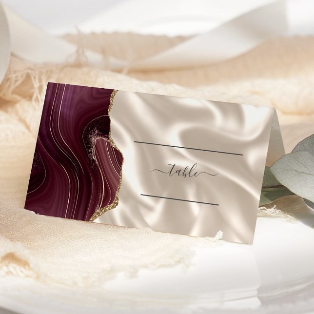 Chic Burgundy Gold Agate Ivory Silk Wedding Table Place Card (Creator Uploaded)