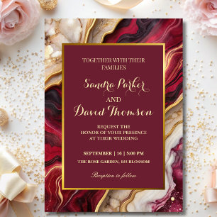 Chic Burgundy Gold Agate Marble Modern Wedding Invitation